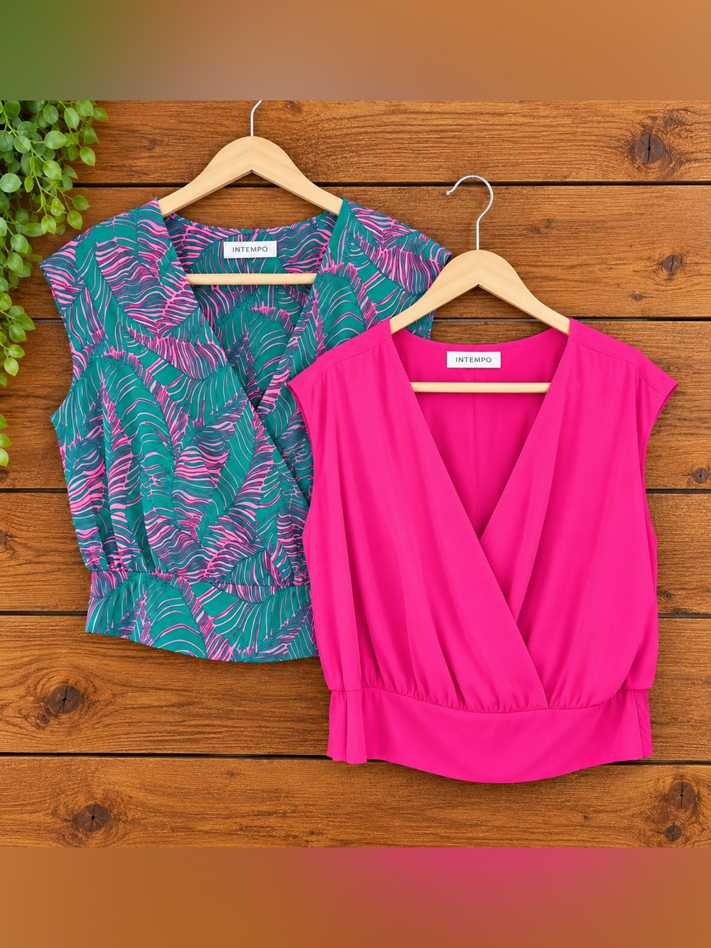 INTEMPO XXL Blouse Bundle Pink Tropical Print Surplice Tops 2 Piece